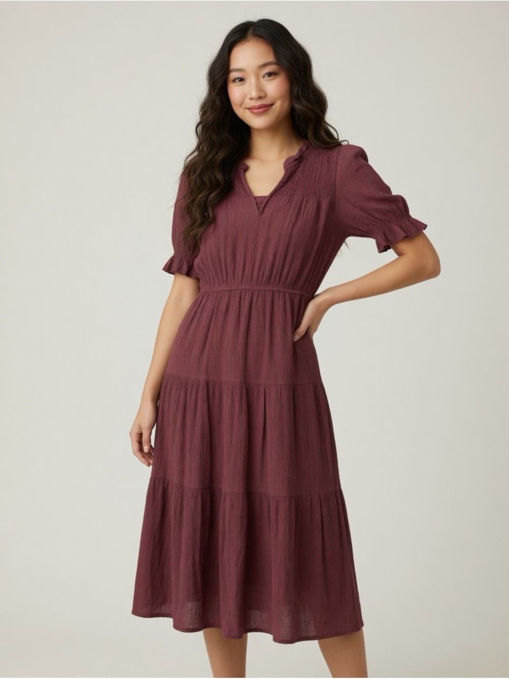 Sweet Wanderer Maroon Smocked Midi Dress Size S